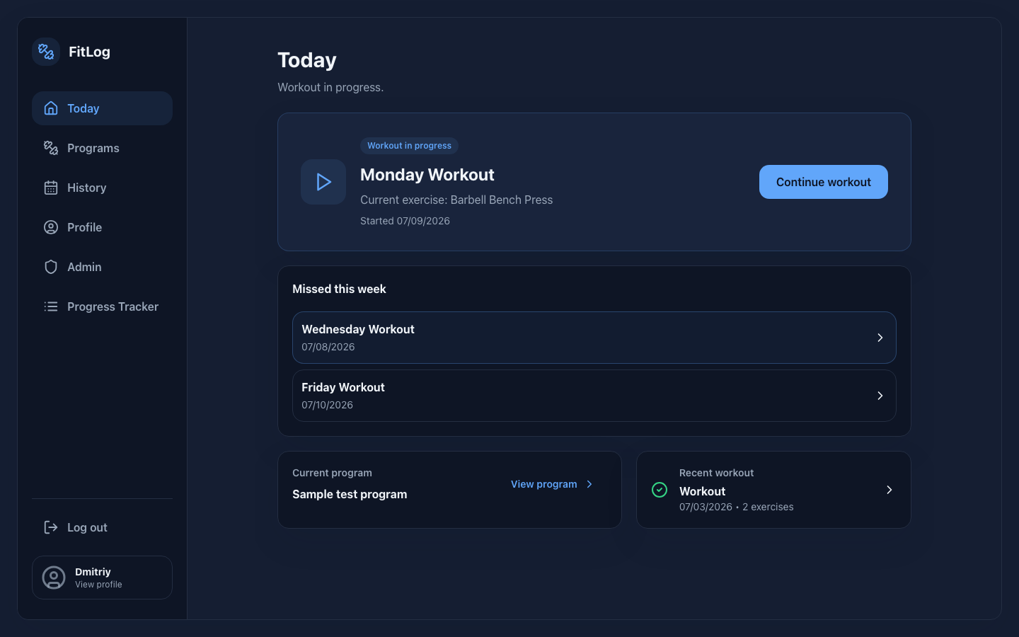 FitLog dashboard showing a completed workout